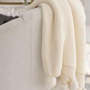 Elegant Cream Cotton Throw with Pompoms – 50" x 60" Cozy, All Season